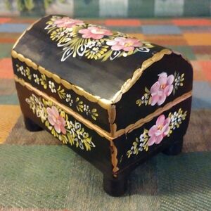 Vintage Folk Art Trinket Box, Black w Pink, Green, and Gold Handpainted Accents